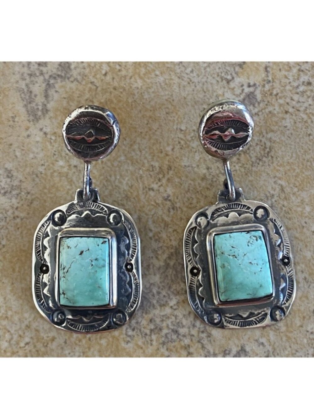 Wayne Aguilar Santa Domingo Turquoise Sterling Dangle Earrings Native American - Picture 2 of 6